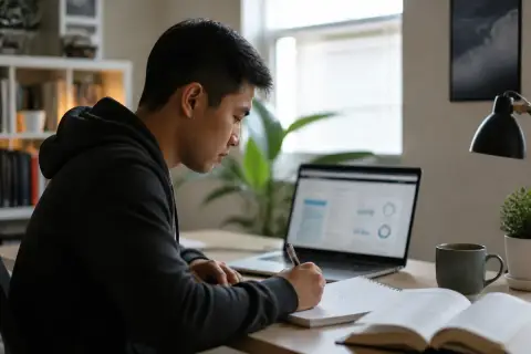 Foto editorial de uma mesa de estudo com um notebook aberto mostrando um painel de nuvem desfocado, um caderno com anotações à mão e uma xícara de café, luz natural de janela