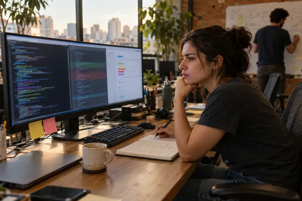 Desenvolvedora pensativa, com o queixo apoiado na mão e uma caneta na outra, diante de um monitor ultrawide com código e um painel de configurações, ao lado de um caderno de anotações, em um escritório de startup com colega ao fundo desenhando em um quadro branco e a vista de uma cidade pela janela