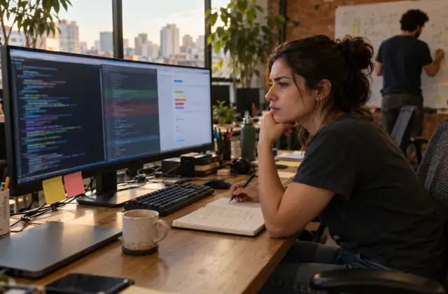 Desenvolvedora pensativa, com o queixo apoiado na mão e uma caneta na outra, diante de um monitor ultrawide com código e um painel de configurações, ao lado de um caderno de anotações, em um escritório de startup com colega ao fundo desenhando em um quadro branco e a vista de uma cidade pela janela