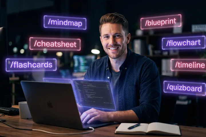 Homem confiante usando um notebook à noite, cercado por rótulos neon brilhantes de comandos de estudo do ChatGPT como /mindmap, /flashcards e /quizboard