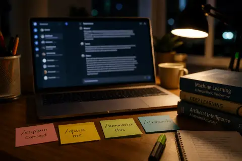 Foto editorial em close-up da mesa de um estudante à noite, tela do notebook mostrando uma interface de chat desfocada, post-its coloridos na mesa com nomes de comandos de estudo escritos, livros didáticos empilhados e um marca-texto por perto, luz quente de luminária de mesa