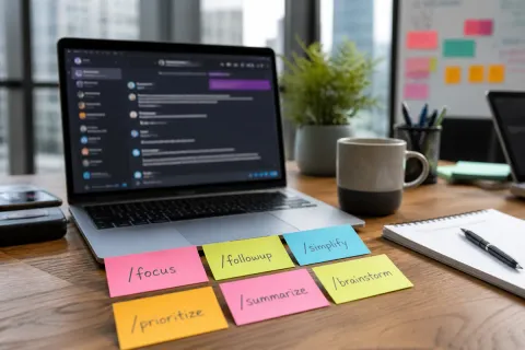Foto editorial em close-up da mesa de escritório de um profissional, tela do notebook mostrando uma interface de chat desfocada, post-its coloridos na mesa com nomes de comandos de produtividade escritos, uma xícara de café e um caderno por perto, luz natural de dia pela janela do escritório