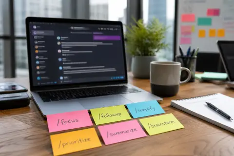 Foto editorial em close-up da mesa de escritório de um profissional, tela do notebook mostrando uma interface de chat desfocada, post-its coloridos na mesa com nomes de comandos de produtividade escritos, uma xícara de café e um caderno por perto, luz natural de dia pela janela do escritório