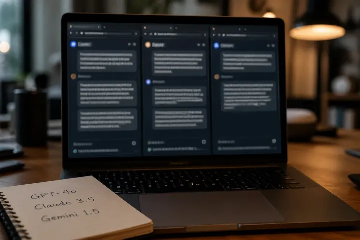 Foto editorial em close-up da tela de um notebook mostrando três janelas de conversa de chat desfocadas abertas lado a lado para comparação, com um caderno pequeno na mesa mostrando nomes de modelos escritos à mão, iluminação quente de escritório interno