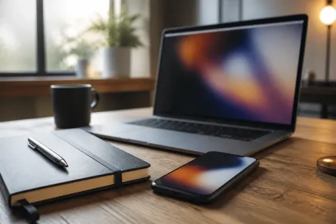 Foto editorial de uma mesa de madeira com um notebook aberto e um celular exibindo formas de cor desfocadas, ao lado de um caderno fechado com caneta e uma xícara de café, luz natural de janela