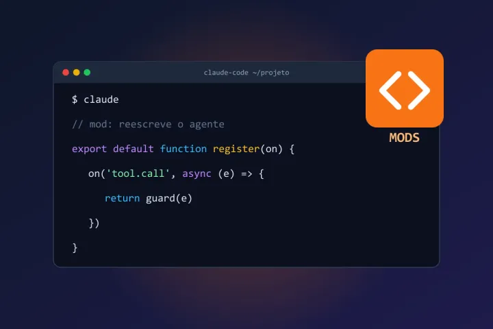 Ilustração de uma janela de terminal com um trecho de código TypeScript de um mod do Claude Code e um ícone laranja com o rótulo MODS, sobre fundo azul escuro