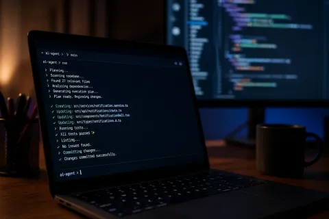 Foto editorial em close-up do notebook de um desenvolvedor à noite mostrando uma sessão de agente de código de IA num terminal escuro, com um segundo monitor suavemente desfocado ao fundo mostrando um editor de código