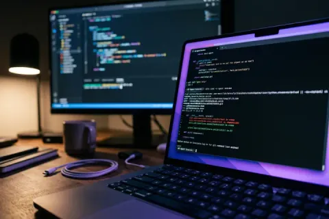 Foto editorial em close-up do notebook de um desenvolvedor à noite mostrando uma sessão de agente de código de IA num terminal escuro, com um segundo monitor suavemente desfocado ao fundo mostrando um editor de código