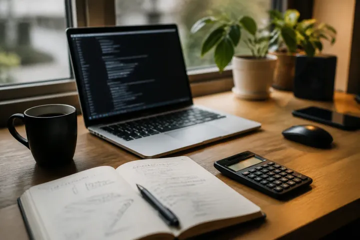 Foto editorial da mesa de um desenvolvedor com um notebook mostrando um terminal de código desfocado, ao lado de uma xícara de café, um caderno aberto e uma calculadora, luz natural de janela