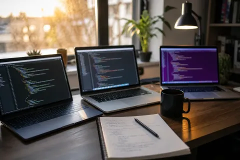 Foto editorial de uma mesa de desenvolvedor com três notebooks lado a lado, cada um mostrando um editor de código desfocado com tema de cores diferente, ao lado de uma caneca e um caderno, luz quente de fim de tarde