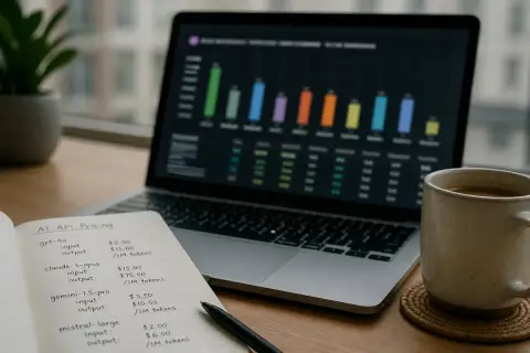 Foto editorial em close-up da tela do notebook de um desenvolvedor mostrando um gráfico de comparação de benchmarks de chatbots de IA desfocado, com um caderno aberto cheio de anotações de preços feitas à mão e uma xícara de café quente numa mesa de madeira, luz de dia suave