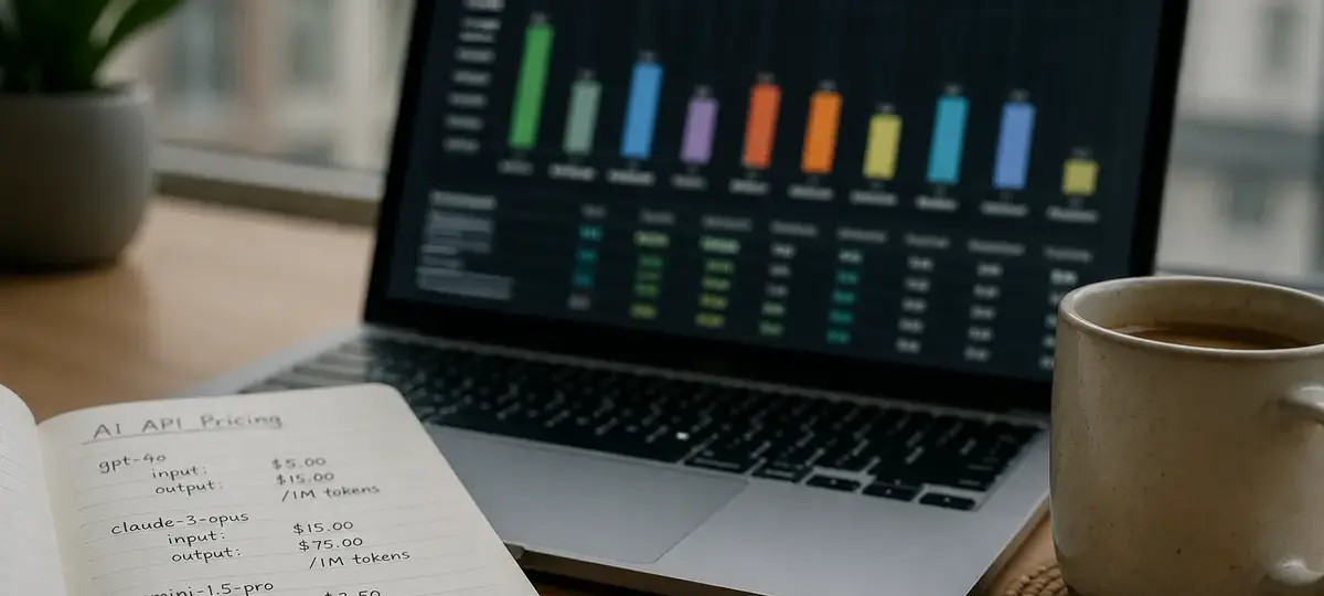 Foto editorial em close-up da tela do notebook de um desenvolvedor mostrando um gráfico de comparação de benchmarks de chatbots de IA desfocado, com um caderno aberto cheio de anotações de preços feitas à mão e uma xícara de café quente numa mesa de madeira, luz de dia suave