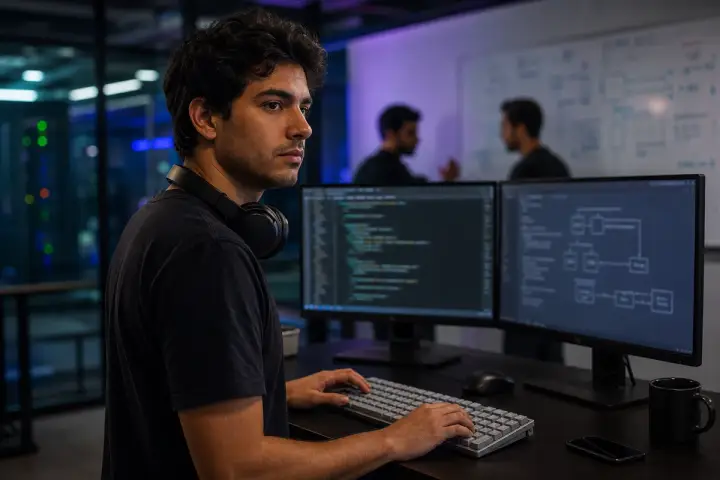 Jovem engenheiro de IA com fones no pescoço digitando em um teclado mecânico cinza, diante de dois monitores com código e um diagrama de arquitetura, em um escritório de tecnologia com sala de servidores e colegas diante de um quadro branco ao fundo