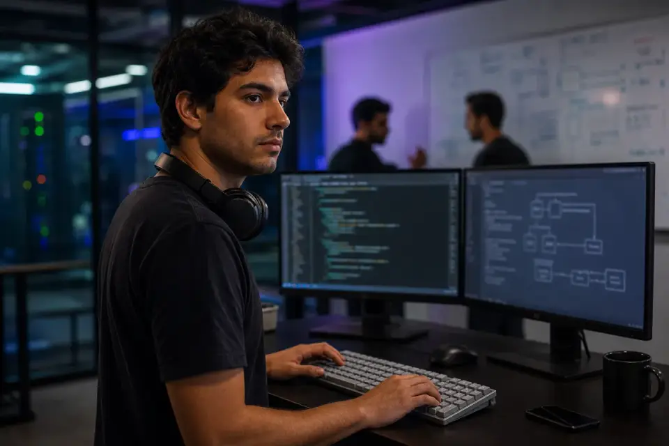 Jovem engenheiro de IA com fones no pescoço digitando em um teclado mecânico cinza, diante de dois monitores com código e um diagrama de arquitetura, em um escritório de tecnologia com sala de servidores e colegas diante de um quadro branco ao fundo