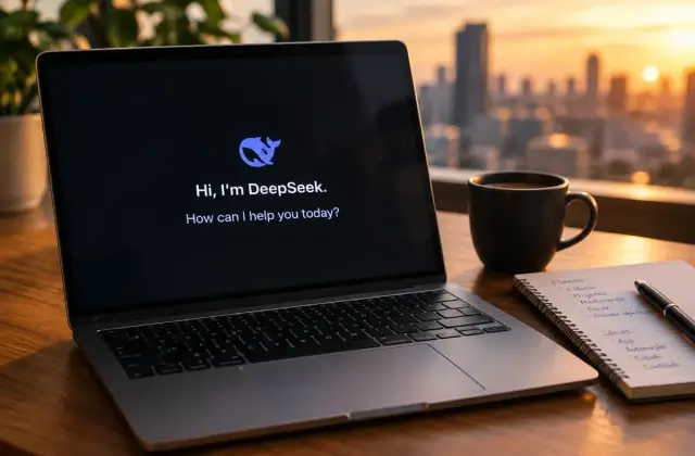 Notebook aberto sobre uma mesa de madeira com a tela mostrando a mensagem de boas-vindas do chatbot DeepSeek, ao lado de uma xícara de café e um caderno de anotações, com o pôr do sol sobre a cidade ao fundo