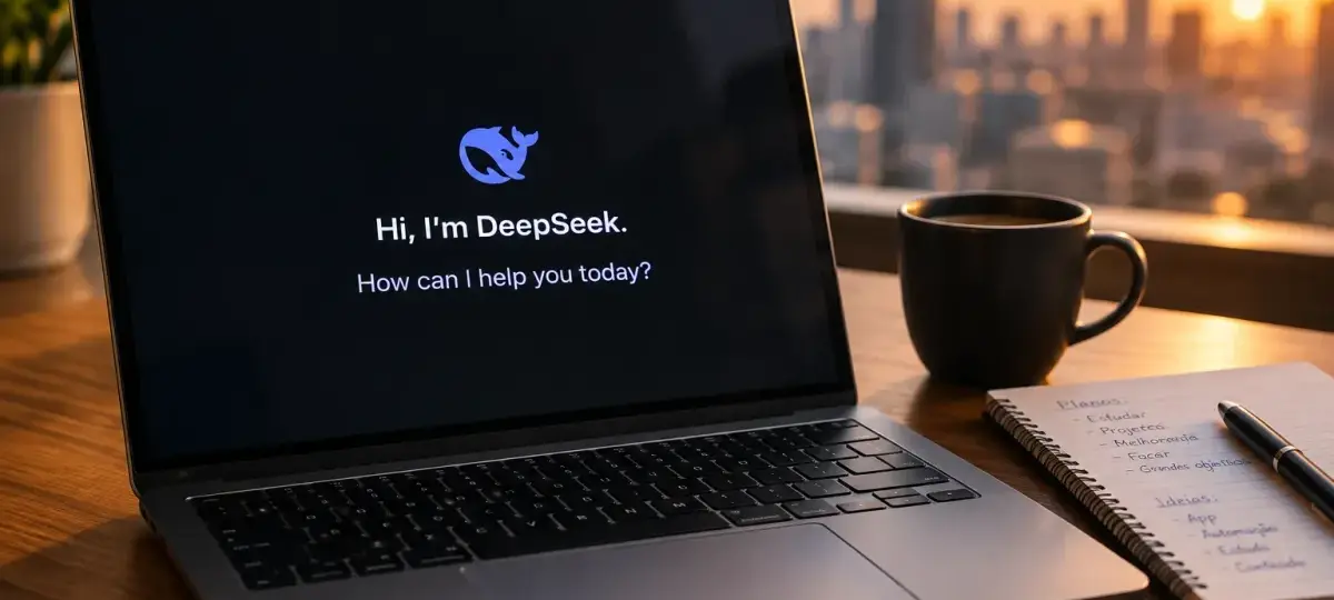 Notebook aberto sobre uma mesa de madeira com a tela mostrando a mensagem de boas-vindas do chatbot DeepSeek, ao lado de uma xícara de café e um caderno de anotações, com o pôr do sol sobre a cidade ao fundo