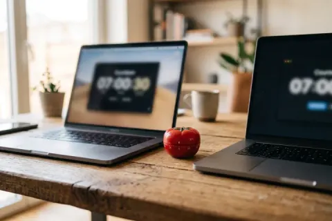 Foto editorial em close-up de dois notebooks lado a lado numa mesa de madeira, cada tela mostrando uma interface de cronômetro regressivo desfocada, com um pequeno timer de cozinha em formato de tomate suavemente fora de foco em primeiro plano