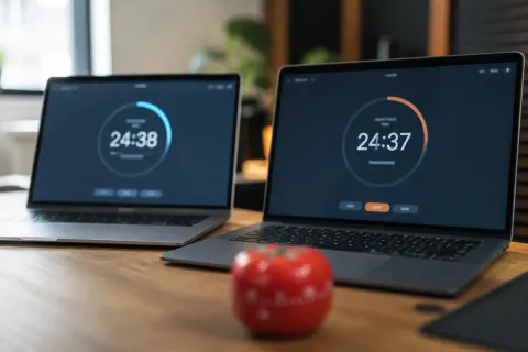 Foto editorial em close-up de dois notebooks lado a lado numa mesa de madeira, cada tela mostrando uma interface de cronômetro regressivo desfocada, com um pequeno timer de cozinha em formato de tomate suavemente fora de foco em primeiro plano