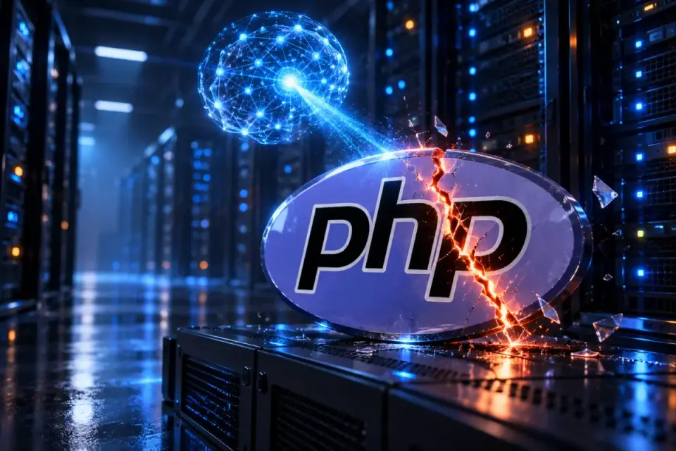 Logo do PHP rachada por uma fissura laranja em uma sala de servidores, com uma esfera de rede neural azul projetando um feixe de luz sobre a falha
