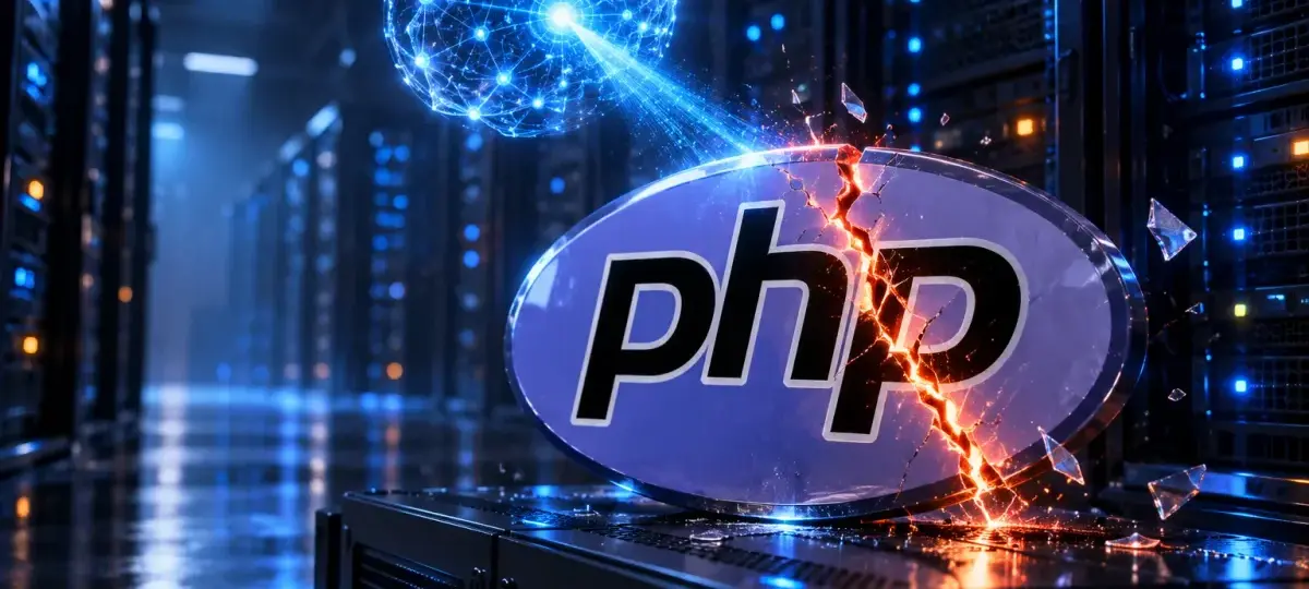 Logo do PHP rachada por uma fissura laranja em uma sala de servidores, com uma esfera de rede neural azul projetando um feixe de luz sobre a falha