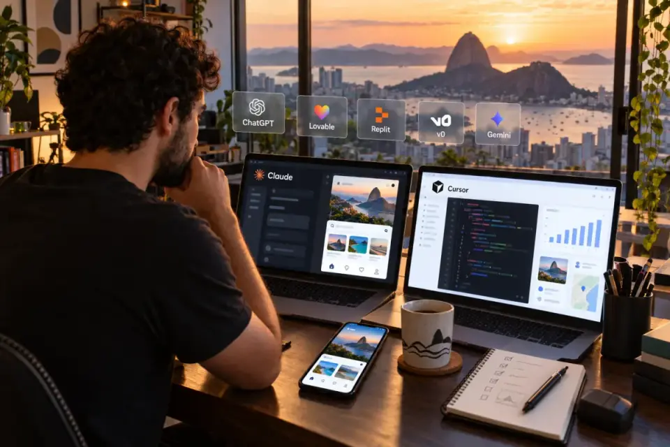 Desenvolvedor de costas, pensativo, diante de dois notebooks lado a lado que mostram ferramentas de IA para criar apps, com painéis flutuantes com os nomes ChatGPT, Lovable, Replit, v0 e Gemini e a vista do Pão de Açúcar ao pôr do sol pela janela