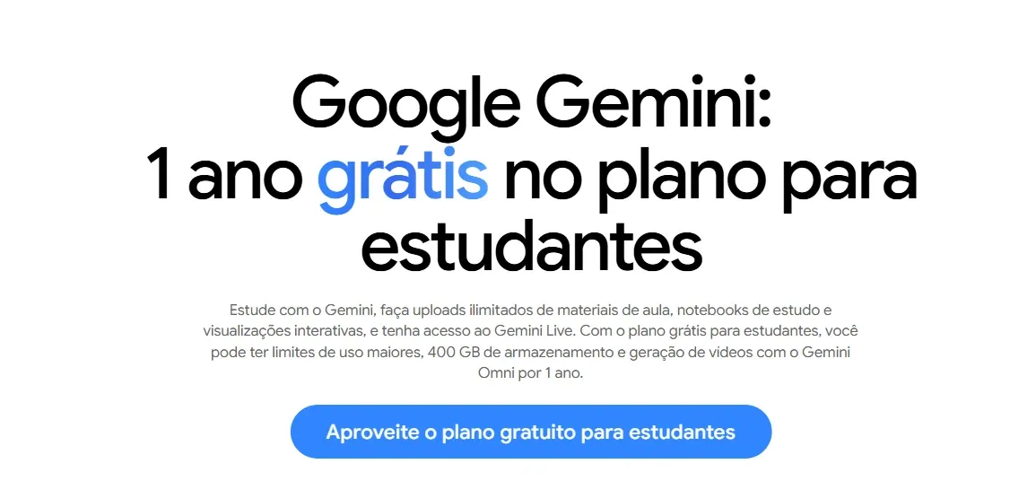 Página oficial do Google Gemini para estudantes: 1 ano grátis no plano para estudantes, com botão Aproveite o plano gratuito para estudantes