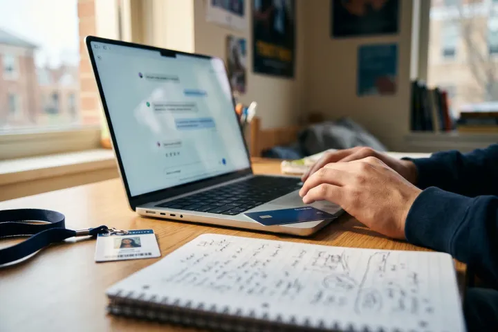 Foto editorial em close-up da mesa de um universitário com um notebook desfocado mostrando uma interface de chat de IA, uma carteirinha de estudante e um cartão de crédito suavemente fora de foco em primeiro plano