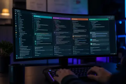 Foto grande angular de um monitor ultrawide curvo numa mesa escura de desenvolvedor à noite, mostrando um editor de código com vários painéis coloridos de chat de agentes de IA lado a lado, sugerindo múltiplos agentes trabalhando em paralelo, com uma silhueta desfocada de mãos digitando num teclado mecânico em primeiro plano