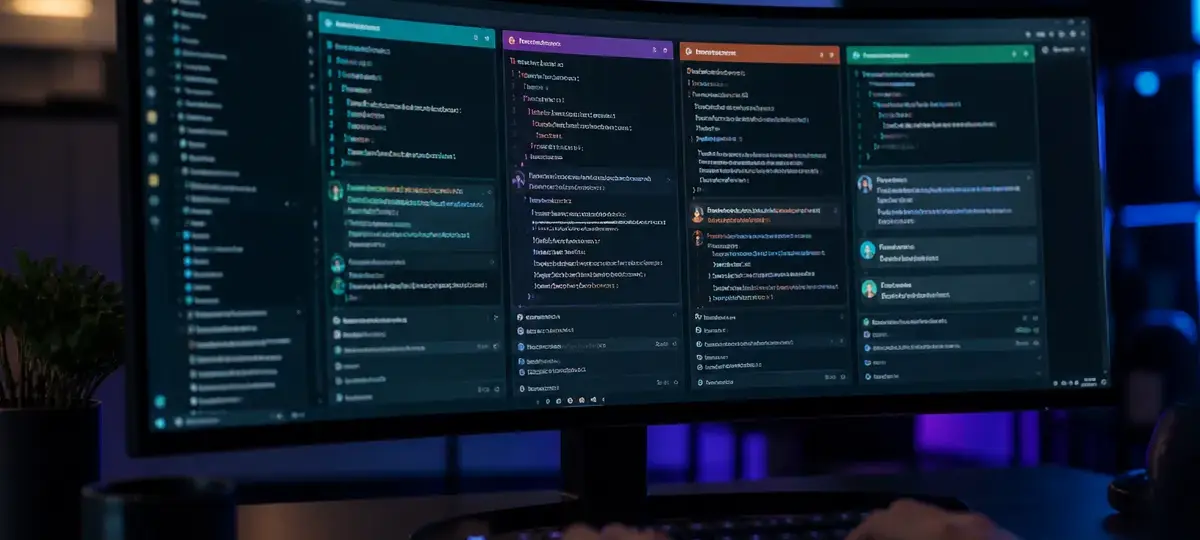 Foto grande angular de um monitor ultrawide curvo numa mesa escura de desenvolvedor à noite, mostrando um editor de código com vários painéis coloridos de chat de agentes de IA lado a lado, sugerindo múltiplos agentes trabalhando em paralelo, com uma silhueta desfocada de mãos digitando num teclado mecânico em primeiro plano