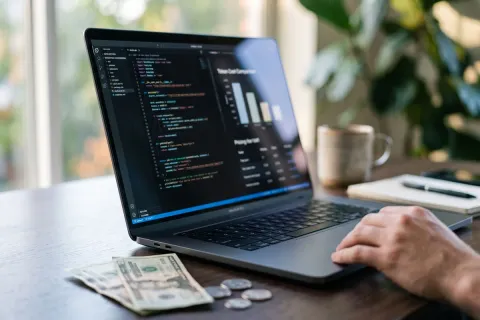 Foto editorial em close-up da tela de um notebook mostrando um editor de código desfocado e um gráfico de comparação de custo por token, com notas e moedas de dólar americano suavemente fora de foco na mesa em primeiro plano