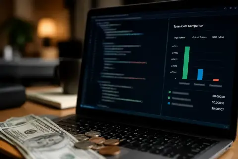 Foto editorial em close-up da tela de um notebook mostrando um editor de código desfocado e um gráfico de comparação de custo por token, com notas e moedas de dólar americano suavemente fora de foco na mesa em primeiro plano