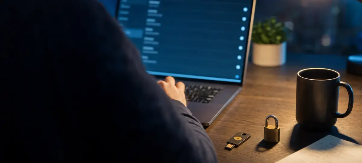 Foto editorial por cima do ombro de um desenvolvedor à noite diante de um notebook com uma lista de configurações desfocada, com uma chave de segurança USB e um cadeado sobre a mesa ao lado de uma xícara de café