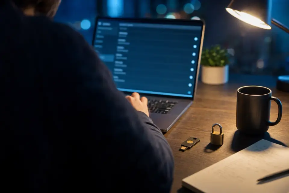 Foto editorial por cima do ombro de um desenvolvedor à noite diante de um notebook com uma lista de configurações desfocada, com uma chave de segurança USB e um cadeado sobre a mesa ao lado de uma xícara de café
