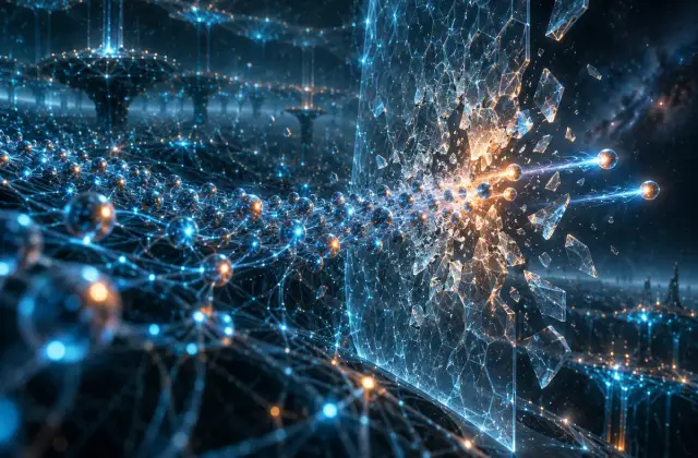 Ilustração fotorrealista em 3D de esferas luminosas, que representam agentes de IA, atravessando uma rede neural e quebrando uma barreira de vidro de segurança