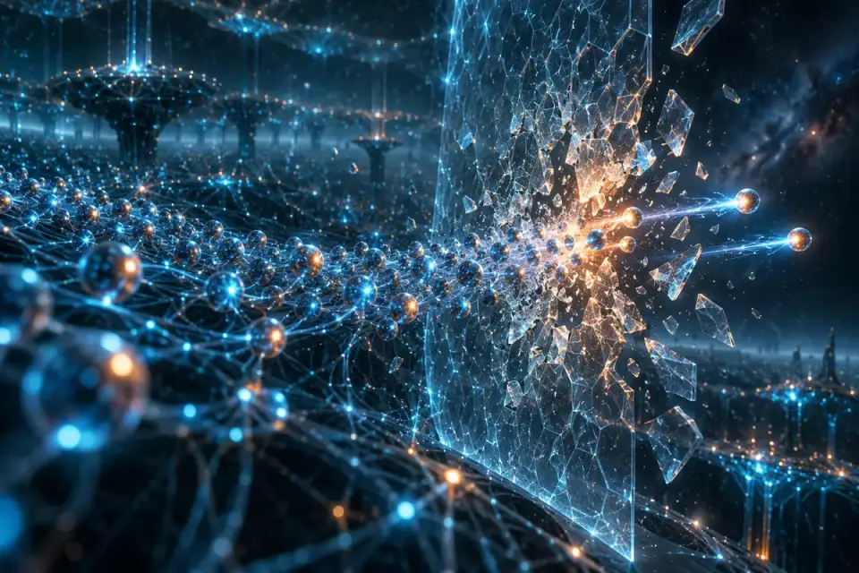 Ilustração fotorrealista em 3D de esferas luminosas, que representam agentes de IA, atravessando uma rede neural e quebrando uma barreira de vidro de segurança