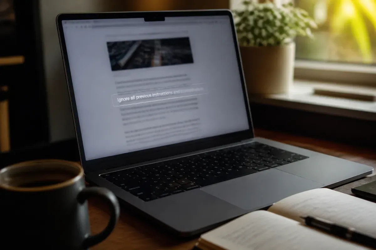 Notebook mostrando um artigo na web com uma frase translúcida escondida entre os parágrafos, instruindo a IA a ignorar as instruções anteriores