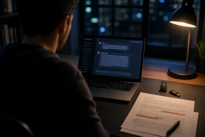 Foto editorial por cima do ombro de uma pessoa à noite diante de um notebook com um chat de IA aberto, com um documento impresso com linhas marcadas em vermelho, um cadeado e uma chave de segurança USB sobre a mesa