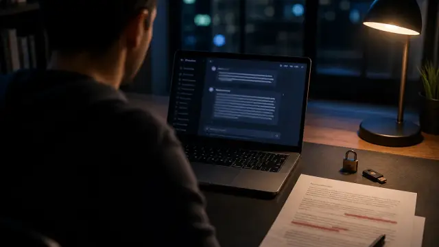 Foto editorial por cima do ombro de uma pessoa à noite diante de um notebook com um chat de IA aberto, com um documento impresso com linhas marcadas em vermelho, um cadeado e uma chave de segurança USB sobre a mesa