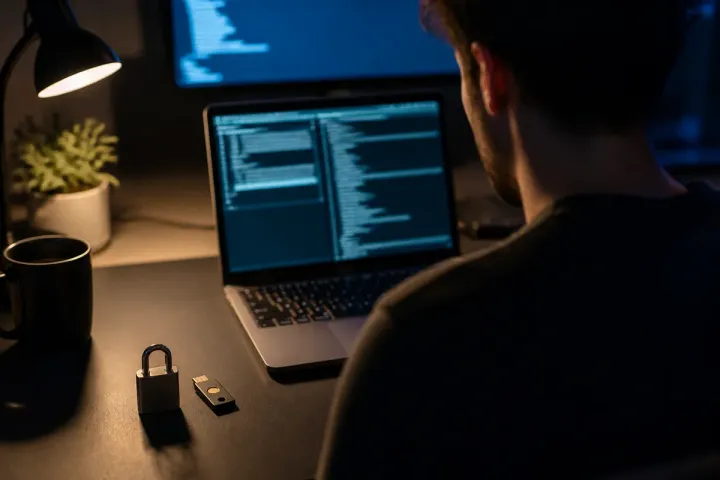 Foto editorial por cima do ombro de um desenvolvedor à noite diante de um notebook com terminal desfocado, com um cadeado e uma chave de segurança USB sobre a mesa e uma luminária acesa ao lado
