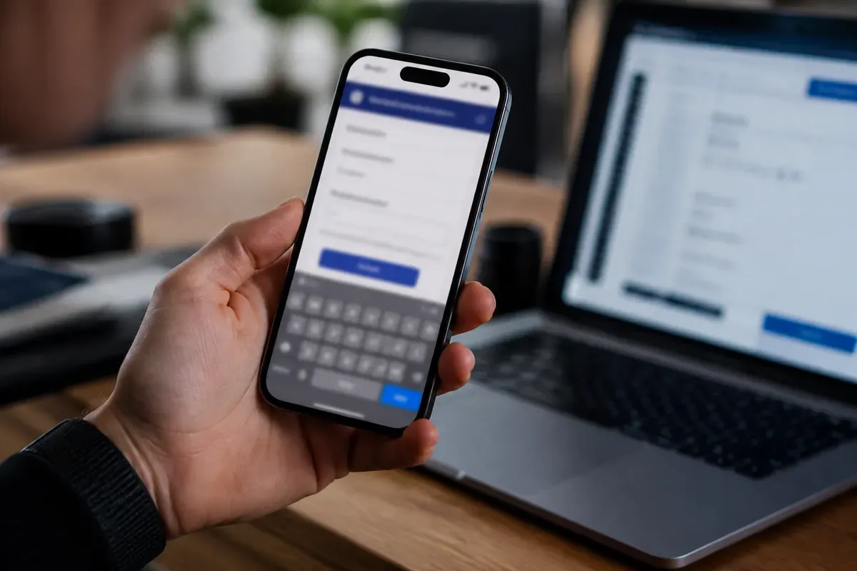 Close-up de uma mão digitando num formulário de reserva num celular, com o teclado na tela e a página desfocada ao fundo