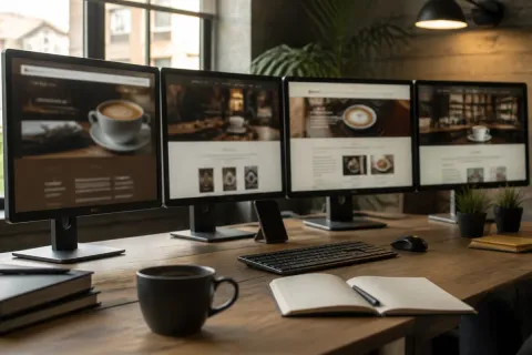 Foto editorial de quatro monitores lado a lado numa bancada de trabalho, cada um mostrando uma página web desfocada em tons de marrom e creme, luz suave de fim de tarde