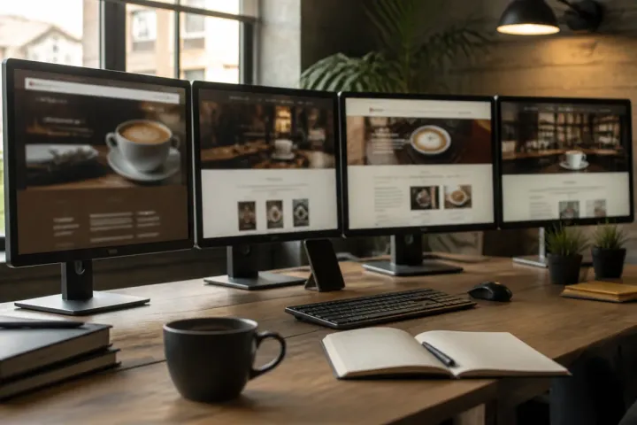 Foto editorial de quatro monitores lado a lado numa bancada de trabalho, cada um mostrando uma página web desfocada em tons de marrom e creme, luz suave de fim de tarde