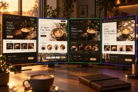 Quatro monitores lado a lado em uma mesa de madeira, cada um mostrando uma versão diferente da mesma landing page de cafeteria em marrom e creme