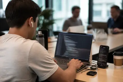Foto editorial de um desenvolvedor visto de costas num espaço de trabalho iluminado, com notebook mostrando código desfocado e um celular em suporte ao lado exibindo uma lista de tarefas, com colegas desfocados ao fundo