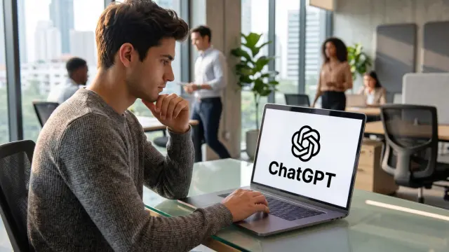 Profissional pensativo diante de um notebook com o ChatGPT na tela em um escritório moderno com colegas ao fundo