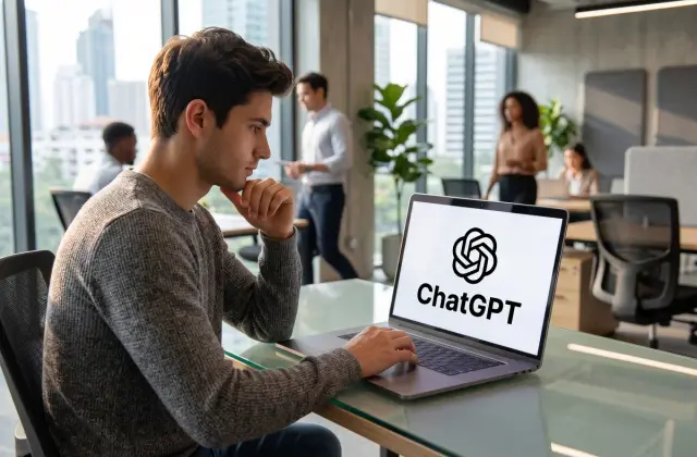 Profissional pensativo diante de um notebook com o ChatGPT na tela em um escritório moderno com colegas ao fundo