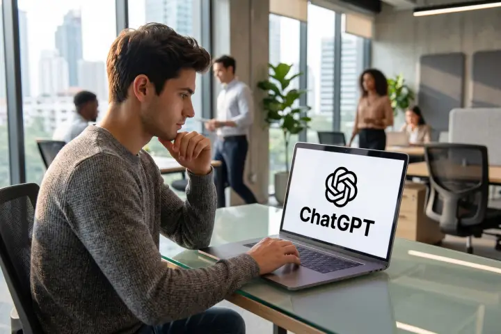 Profissional pensativo diante de um notebook com o ChatGPT na tela em um escritório moderno com colegas ao fundo