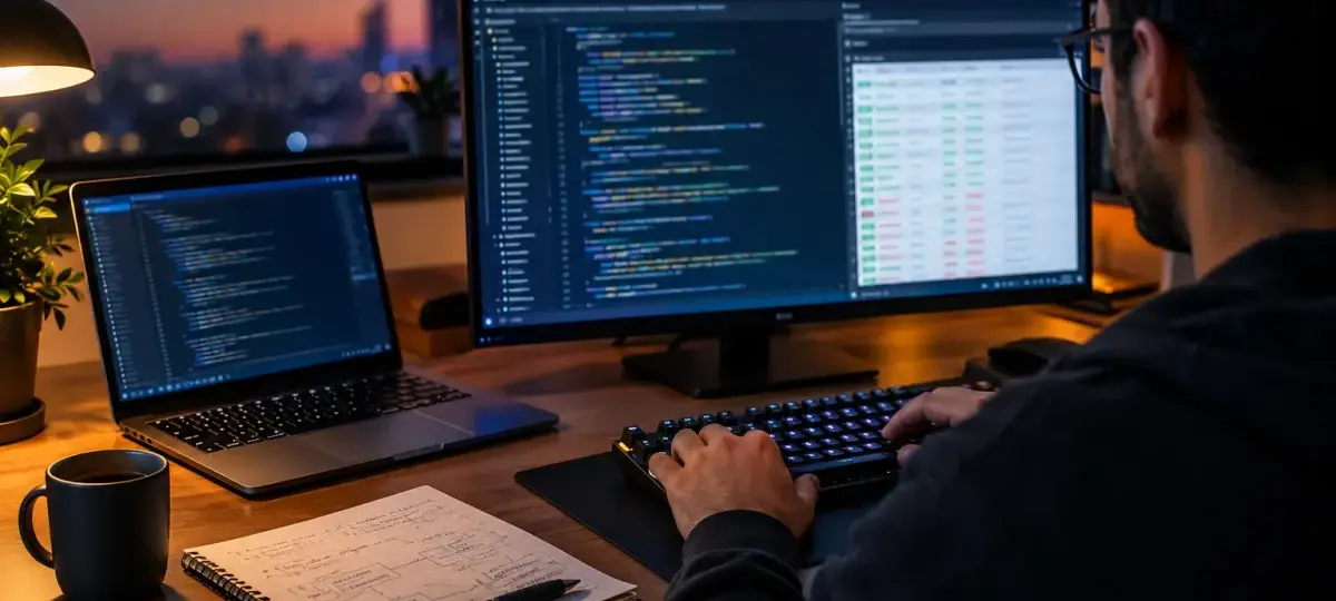 Foto editorial da mesa de um desenvolvedor com um notebook mostrando um editor de código e uma tabela de resultados de testes ao lado de cadernos com anotações à mão, luz suave de fim de tarde, profundidade de campo rasa