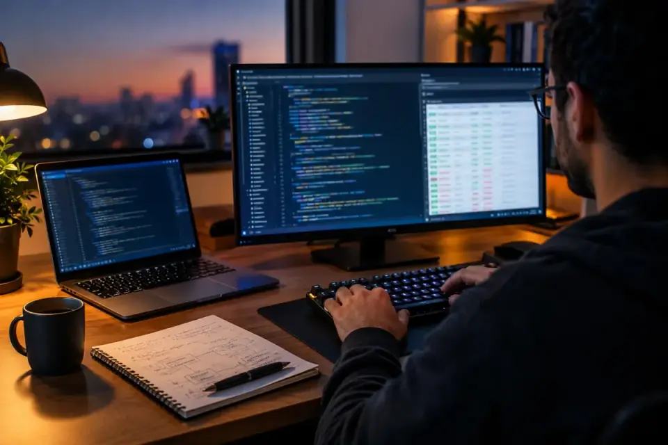 Foto editorial da mesa de um desenvolvedor com um notebook mostrando um editor de código e uma tabela de resultados de testes ao lado de cadernos com anotações à mão, luz suave de fim de tarde, profundidade de campo rasa