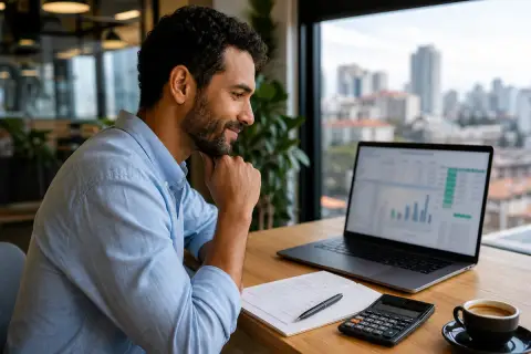 Profissional brasileiro pensativo diante de um notebook com planilhas e gráficos de salários, caderno com anotações e uma xícara de café em um coworking com vista para a cidade